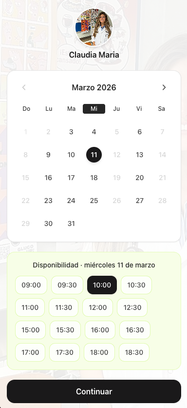 Calendario y horarios para que el paciente elija fecha y hora